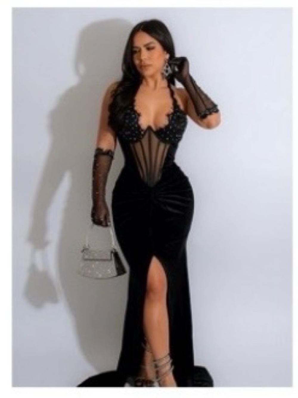 Rhinestone Decor Halter Corset Slit Fishtail Hem gown with matching black gloves